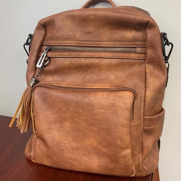 Women Brown Leather Travel Fashion Backpack with Tassel main image 6